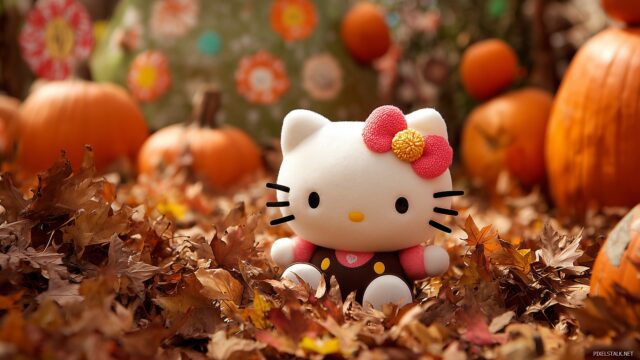 Hello Kitty Thanksgiving Full HD Desktop Wallpaper, Hello Kitty Playing In A Pile Of Leaves, With A Pumpkin Patch In The Background
