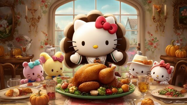 Hello Kitty Thanksgiving HD Desktop Wallpaper, Hello Kitty Dressed As A Turkey, Surrounded By Thanksgiving Decorations And Friends