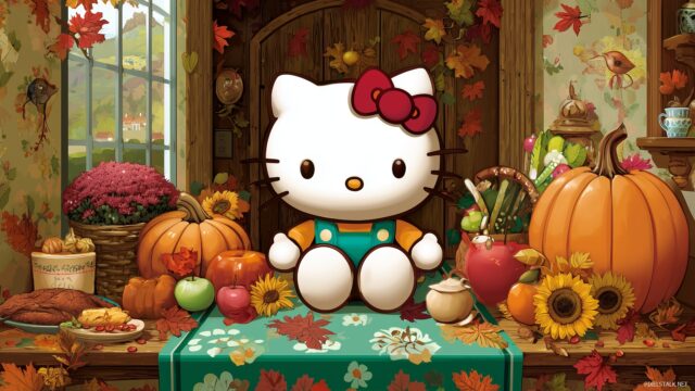 Hello Kitty Thanksgiving HD Wallpaper, A Cheerful Hello Kitty Celebrating Thanksgiving With Autumn Leaves And Pumpkins In A Cozy Setting