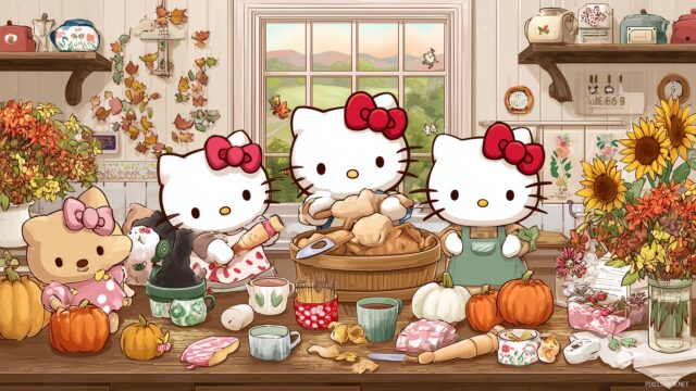 Hello Kitty Thanksgiving HD Wallpaper For Mac, A Playful Scene With Hello Kitty Making Crafts For Thanksgiving With Her Friends