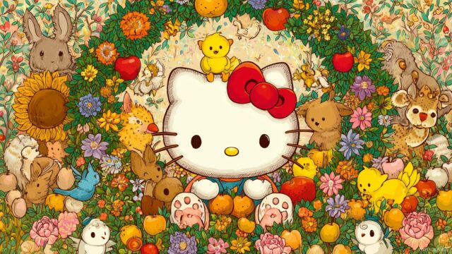 Hello Kitty Thanksgiving Wallpaper, An Enchanting Hello Kitty With A Thanksgiving Wreath Surrounded By Cheerful Animals