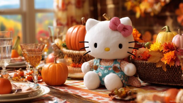Hello Kitty Thanksgiving Wallpaper For Desktop, Hello Kitty Sitting At A Beautifully Set Thanksgiving Table With Colorful Autumn Decor
