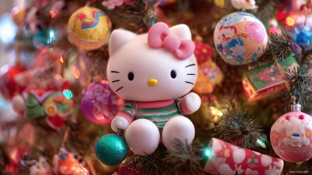 Hello Kitty Thanksgiving Wallpaper For Desktop Computer, A Festive Hello Kitty Decorating A Thanksgiving Tree With Colorful Ornaments