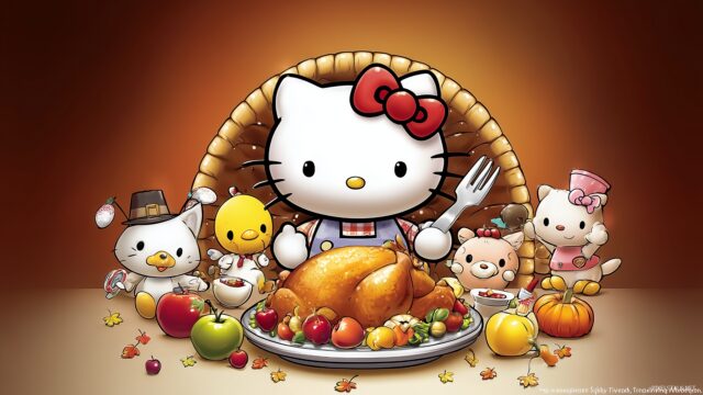 Hello Kitty Thanksgiving Wallpaper For Mac, A Magical Hello Kitty Holding A Thanksgiving Dinner Plate With Cute Cartoon Friends