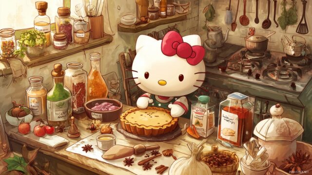 Hello Kitty Thanksgiving Wallpaper Free Download, A Delightful Hello Kitty Enjoying A Pie Making Session Filled With Spices And Smiles