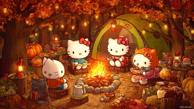Hello Kitty Thanksgiving Wallpaper High Definition, Hello Kitty Sharing Stories Around A Cozy Bonfire On Thanksgiving Night
