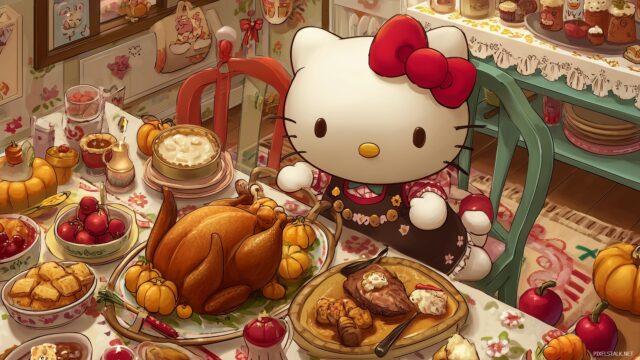 Hello Kitty Thanksgiving Wallpaper High Quality, A Whimsical Hello Kitty Enjoying A Thanksgiving Feast With Delicious Food And Family