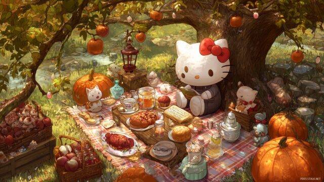 Hello Kitty Thanksgiving High Definition Wallpaper, Hello Kitty Relaxing Under A Tree, Surrounded By Thanksgiving Decorations And Friends
