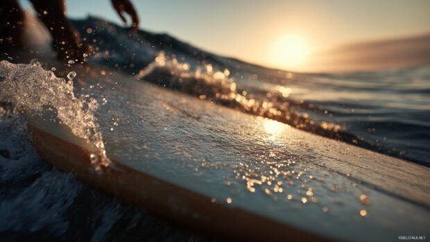 High Definition Surfing Backdrops, a close up of a surfer board cutting through the water as the sun sets.
