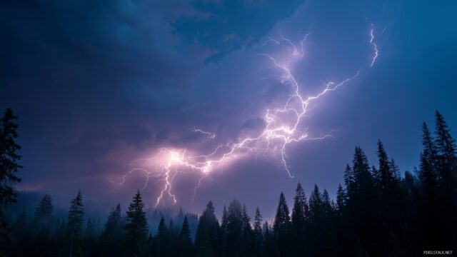 High Quality Lightning HD Wallpaper, An Explosive Display Of Nature Power As Lightning Arcs Across A Twilight Sky Over A Forest