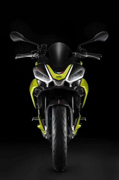 A sleek Aprilia motorcycle is displayed from the front with a black and yellow design, HD Mobile Wallpaper