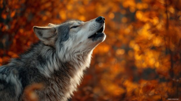 High quality wolf backgrounds, a close up of a wolf howling, surrounded by a vibrant autumn landscape.