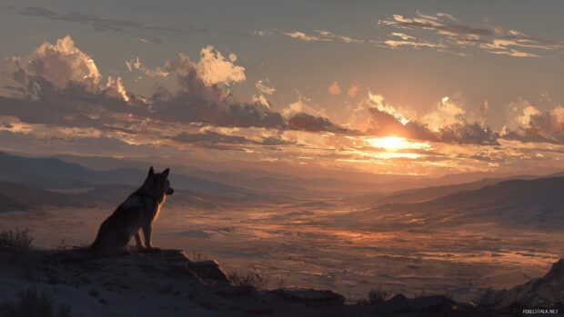 High quality wolf backgrounds, a lone wolf gazing across a vast desert landscape at sunset.