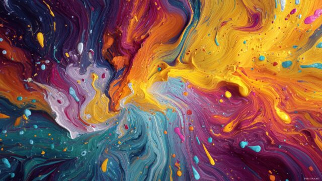 High res wallpaper HD abstract backgrounds, a vibrant, fluid pattern resembling splashes of paint in motion.