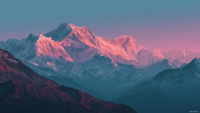 High res wallpaper HD for desktop, a stunning mountain landscape at sunrise with vibrant colors and a clear sky.
