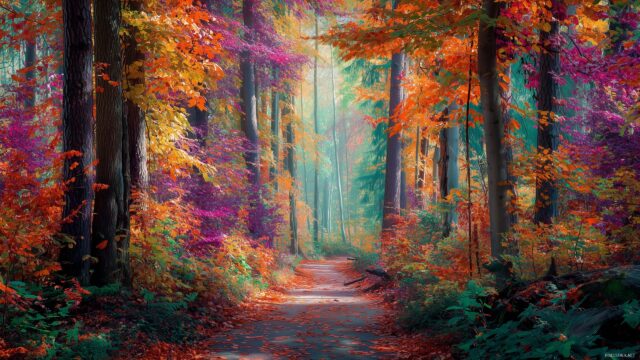 High res wallpaper HD for desktop, an enchanting forest pathway lined with colorful autumn leaves.