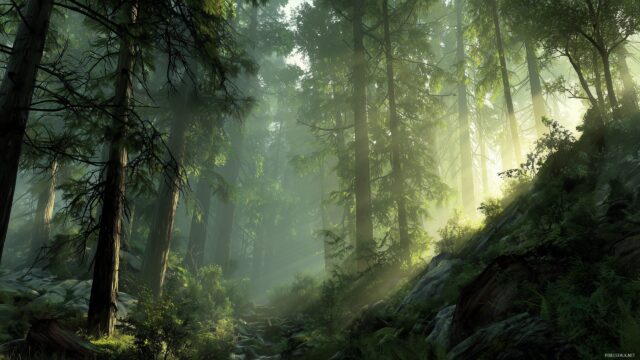 High res wallpaper HD for desktop, an intricate forest scene with sunlight filtering through tall trees.