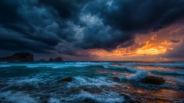 High res wallpaper HD free download, a dramatic seascape with crashing waves under a moody sky at sunset.