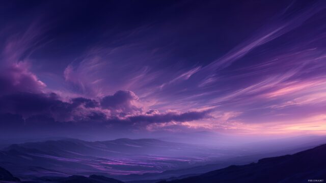 High res wallpaper HD free download, swirling clouds above a tranquil desert landscape at dusk with a hint of purple hues.