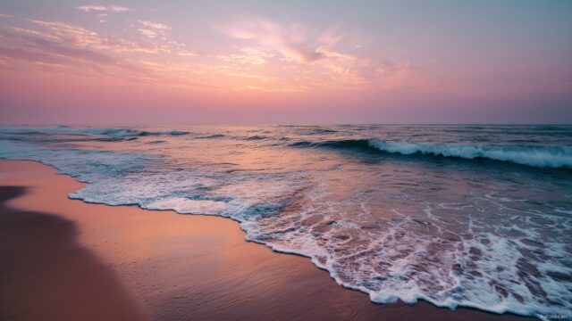 High res wallpaper HD landscapes, a tranquil beach scene featuring gentle waves lapping at the shore during a pastel sunset.
