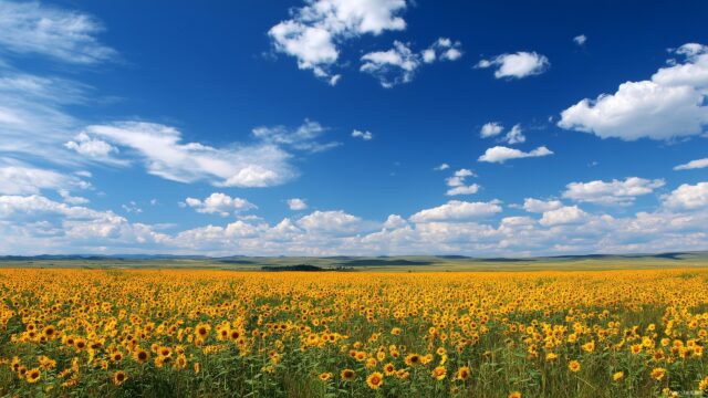 High res wallpaper HD landscapes, a vast open field filled with blooming sunflowers under a clear blue sky.
