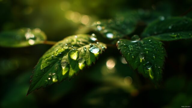 High res wallpaper HD nature, a close up view of dewdrops on a vibrant green leaf with sunlight sparkling through.