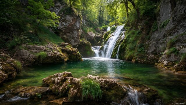 High res wallpaper HD nature, a majestic waterfall cascading down rocky cliffs surrounded by lush greenery.