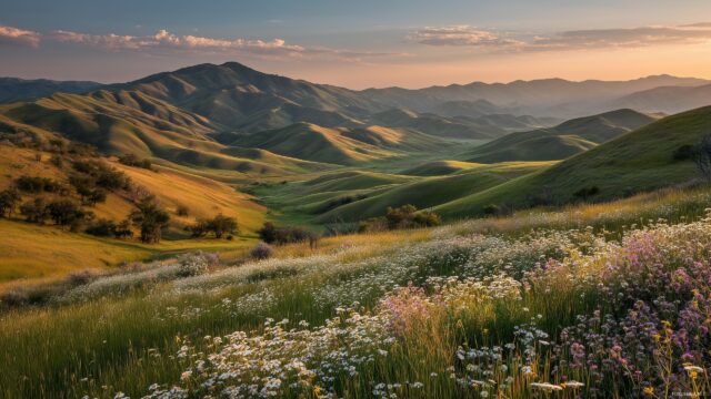 High res wallpaper HD widescreen, a panoramic view of rolling hills during golden hour with wildflowers in the foreground.