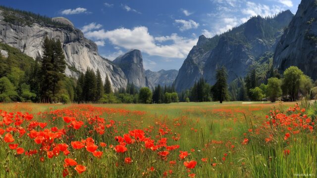 High resolution Yosemite wallpaper HD, peaceful meadow with blooming poppies and views of surrounding mountains.