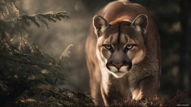 High Resolution Cougar Wallpaper HD, A Fierce Cougar In A Dynamic Pose, Surrounded By A Breathtaking Forest Backdrop, Rich Textures And Shadows