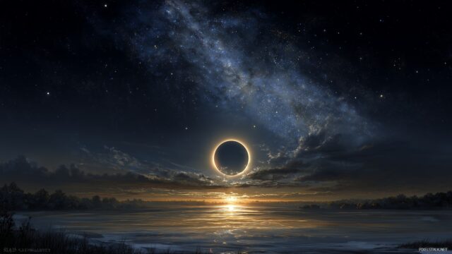 High resolution eclipse wallpaper HD, a detailed depiction of a partial solar eclipse surrounded by a starry night, illuminating the horizon.
