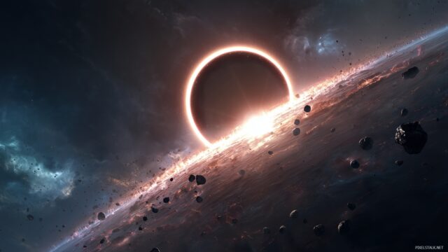 High resolution eclipse wallpaper HD, a stunning visualization of a celestial event with planets and asteroids swirling during an eclipse.