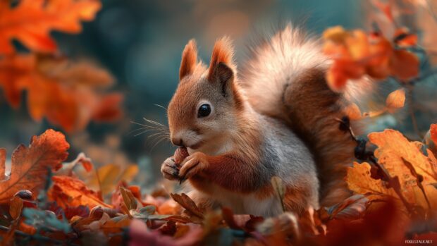 High resolution wallpapers cute, a vivid depiction of a squirrel enjoying an acorn in autumn leaves.