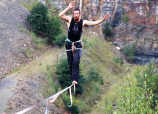 Highline Slackliner Balancing on Slackline Above Nature Landscape Wallpapers
