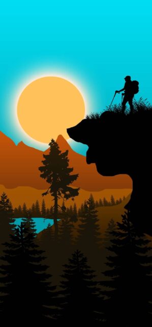 Hiker silhouette on cliff at sunset nature artwork wallpapers background