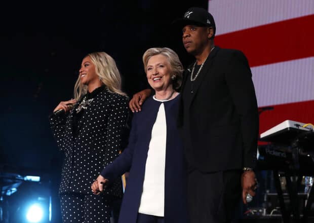 Hillary Clinton with Beyonce and Jay Z on stage during a live event, 2K Desktop Wallpaper