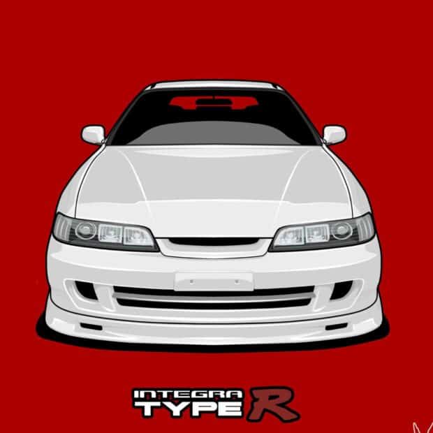 A white Honda Integra Type R is shown from the front with a bold red background, HD Mobile Wallpaper