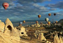 Hot air balloons drift above the iconic rock formations in Cappadocia during a clear morning, 2K Desktop Wallpaper