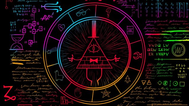 Human Bill Cipher Artwork with Multicolor Symbols and Cryptic Text Background