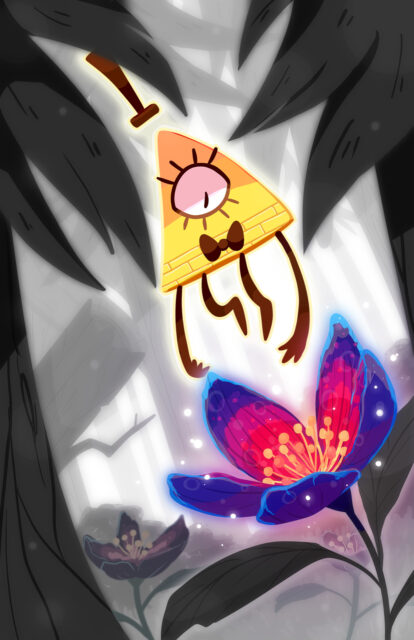 Human Bill Cipher Character Floating Above Glowing Flower in Mystical Forest Wallpaper