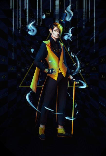Human Bill Cipher Character in Yellow Suit with Magic Smoke Background Wallpaper