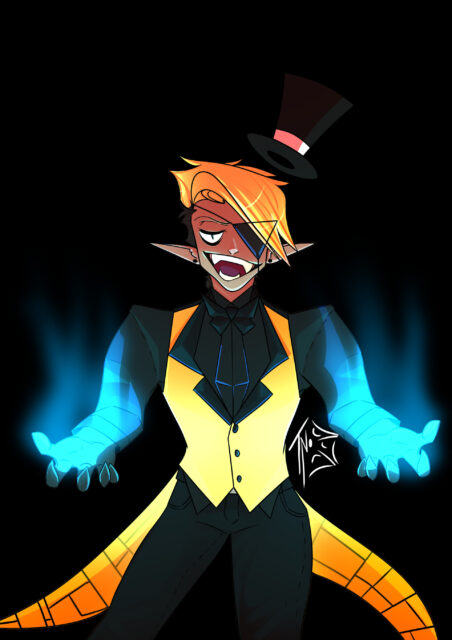 Human Bill Cipher Character with Glowing Blue Hands in Stylish Yellow Vest Wallpaper