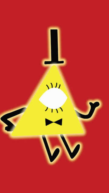 Human Bill Cipher Character with Glowing Yellow Triangle on Red Background Wallpaper