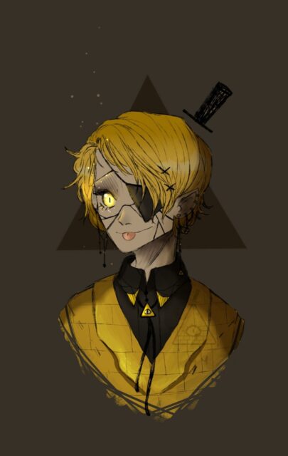 Human Bill Cipher Fan Art Wallpaper with Yellow Eyes and Black Eyepatch