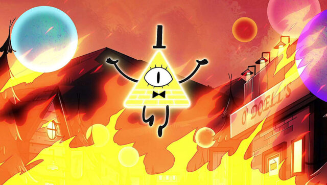Human Bill Cipher Floating Over Fiery Town Landscape Wallpaper