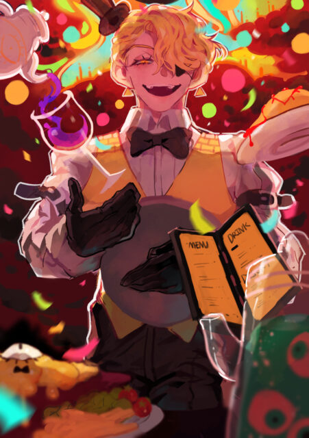 Human Bill Cipher Serving Drinks and Food in Vibrant Wallpaper