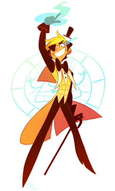 Human Bill Cipher Wallpaper Cartoon Style with Yellow Suit and Magical Energy