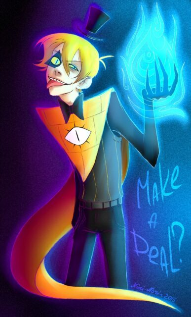 Human Bill Cipher Wallpaper with Glowing Blue Flame and Mysterious Smile
