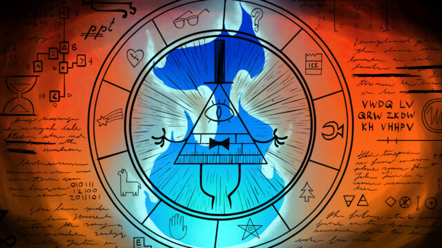 Human Bill Cipher Wallpaper with Magical Symbols and Fiery Background