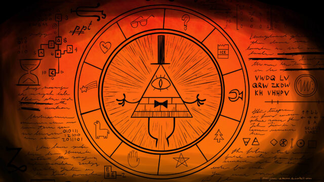 Human Bill Cipher Wallpaper with Mystery Symbols and Illuminated Triangle Figure